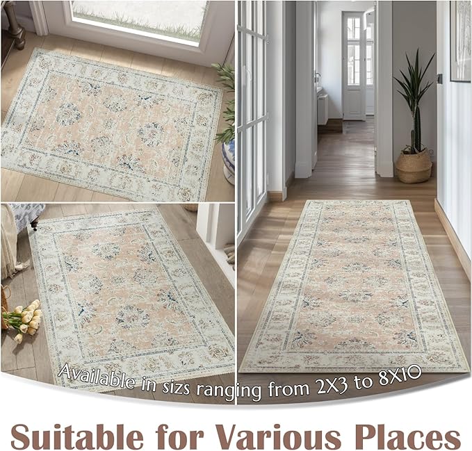 jinchan Washable Area Rug 4x6 Ultra-Thin Low Pile Non-Slip Stain Resistant Soft Faux Wool Spring Floral Rug Distressed Vintage Carpet for Bedroom,Living Room,Dining Room,Kitchen,Nursery(Pink, 4' x 6')