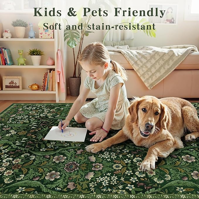 8x10 Washable Area Rug for Living Room, Large Vintage Dark Green Floral Rugs, Soft Non-Slip Stain Resistant Boho Lightweight Carpet for Bedroom Dining Room Nursery Home Office