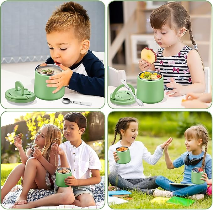 20oz Insulated Vacuum Food Jar with Buckle Lid,Soup Thermo for Hot Food Kids,Wide Mouth Leakproof Stainless Steel Lunch Container with Spoon-Green