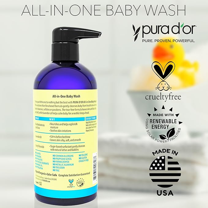 PURA D'OR 16 Oz All-in-One Calming Baby Wash & Shampoo For Hair & Entire Body, Tear Free, Sulfate Free, Natural Aloe Vera, USDA Biobased Gentle Formula