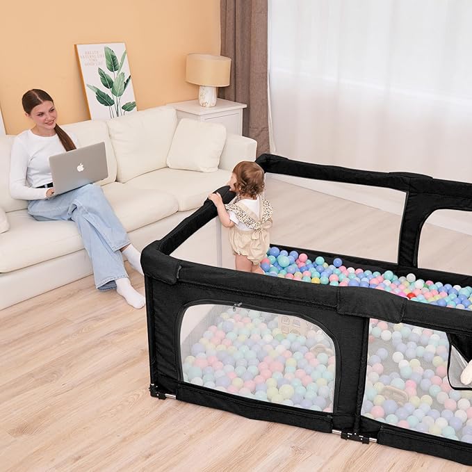 Foldable Baby Playpen with Gate, Extra Large Collapsible Play Yard for Babies & Toddlers, Portable Travel Play Pen with Fence, Safe Activity Center for Indoor & Outdoor Use (59"×71" Black)
