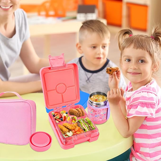 Bento Lunch Box Set With 10oz Soup Thermo, Leak-proof Lunch Containers with 4 Compartment, Kids Hot Thermo Food Jar/Insulation Lunch Bag, Food Containers for School(Mermaid)
