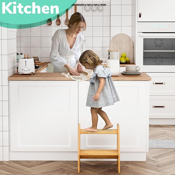 AMBIRD Wooden Step Stool, 15.75'' H Potty Training Toddler 300 lbs Capacity with Safety Non-Slip Pads and Handles, Kitchen Step Stools for Kids, Bamboo Step Stool for Bathroom, High Beds (Natural)