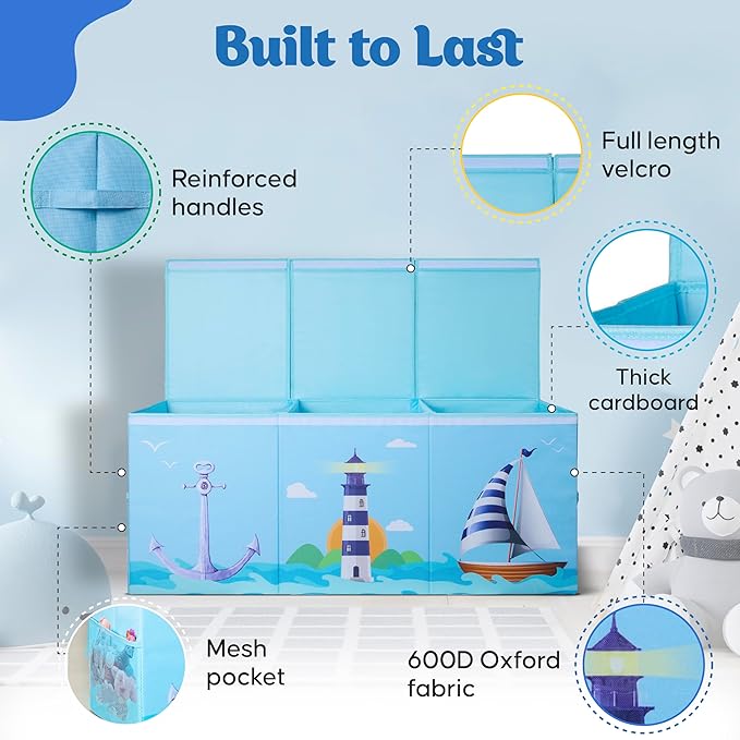Extra Large Collapsible Sturdy Toy Storage Organizer with Lids, Ocean Theme Toy Box for Boys & Girls, 40"x16"x16", Modern, Blue