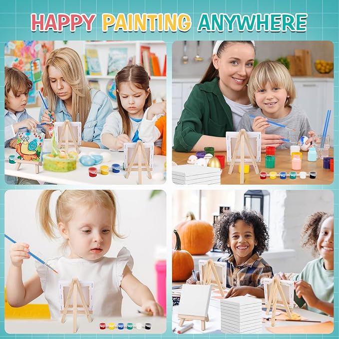 ESRICH 20 Set Mini Canvas Painting Kit, Minis Acrylic Paint Set, Valentines Day Gifts,4*4in Stretched Canvas with Easel, Acrylic Paints,Brushes,Palette,Mini Easel Canvas for Kids Adults Painting Party