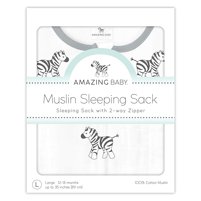 Amazing Baby Cotton Muslin Sleeping Sack, For Baby Boy or Girl, Wearable Blanket with 2-way Zipper, Zebras, Black, Small (0-6 Month)