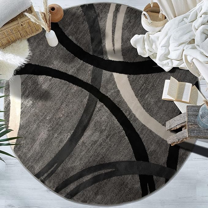 Rugshop Modern Wavy Circles Design 6' 6" (6' 6" Diameter) Gray