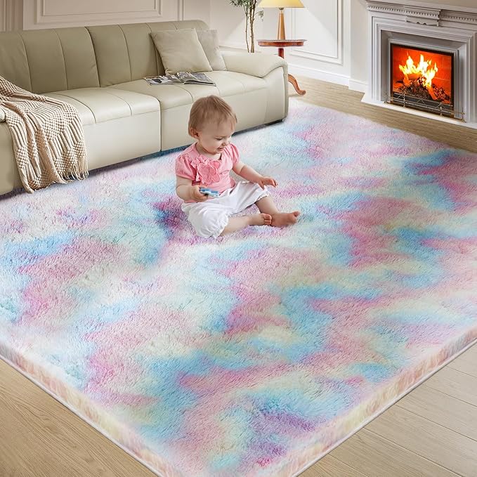 Ultra Soft Rug for Living Room, 4X6 Fluffy Shag Area Rug for Bedroom, Modern Shaggy Carpets Fuzzy Rug for Teens Dorm Nursery Home Decor Aesthetic, Upgrade Anti-Skid Durable, Rainbow