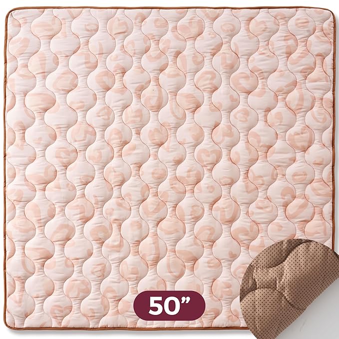 Momcozy Baby Play Mat for Floor, 50x50 Thickened Playpen Mat, Playmate for Baby Tummy Time, Waterproof & Non-Slip, Foldable Outdoor Mats with Carrying Handle, Leopard Heart