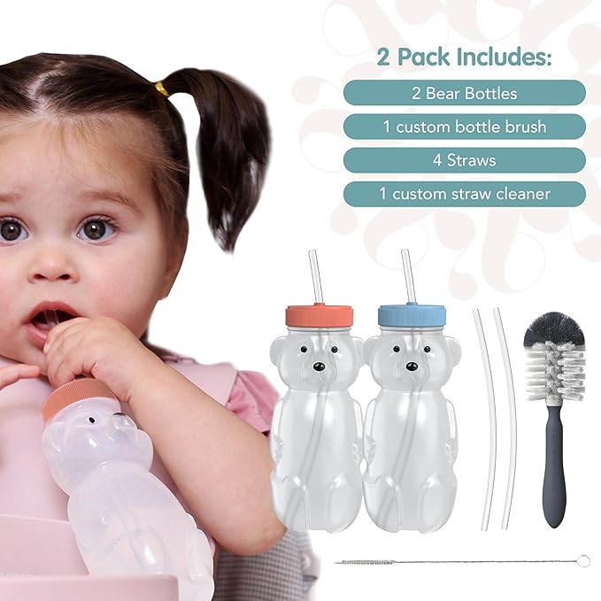 Honey Bear Straw Cup for Babies, 8oz Honey BearCup with Bottle Brush, 2-Pack Improved Lid Therapy Learning Honeybear Straw Cup for Baby Blueberry Pie & Firetruck