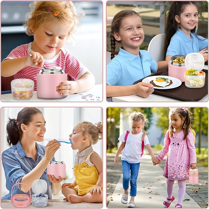 2-in-1 Insulated Food Jar & Snack Container - 15oz Kids Soup Thermos for Hot Food with Handle and Spoon, Leak Proof Reusable Toddler Snack Box, Perfect for School & Travel, Pink