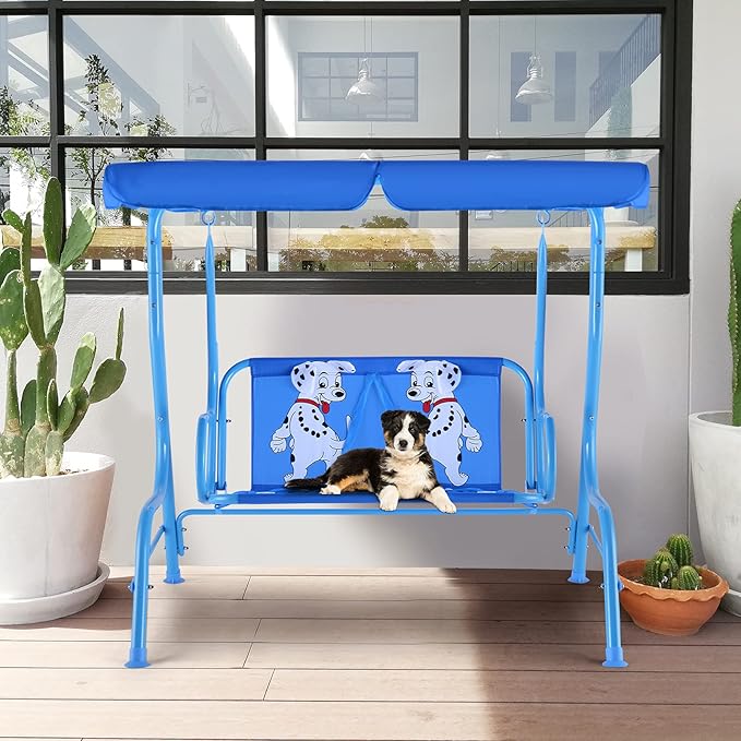 GLACER Porch Swing, Kids Patio Hammock w/Adjustable Canopy & Stand, Safety Belt, 2 Seats Outdoor Swing Bench, Metal Frame Hanging Lounge Chair, Swing Sets for Backyard, Garden, Poolside (Blue Puppy)