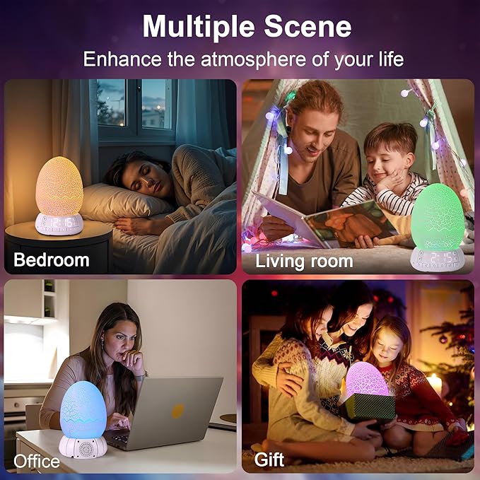 Dinosaur Egg Shape Touch Control Night Light with Pattern Inside, Digital Alarm Clock with Wake Up Light, 20 Soothing Sleep Training Sound and Bluetooth Speaker Box (2025 Style)