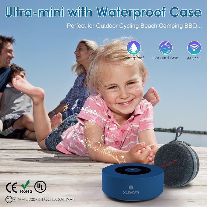 XLeader Mini Bluetooth Speaker (Travel Case Provided) HD Sound&Rich Bass, Touch Design, 12-15H Playtime, Support Aux input, Micro SD, Mic, Small, for iPhone Laptop Shower Office, Ideal Gifts, Sea Blue