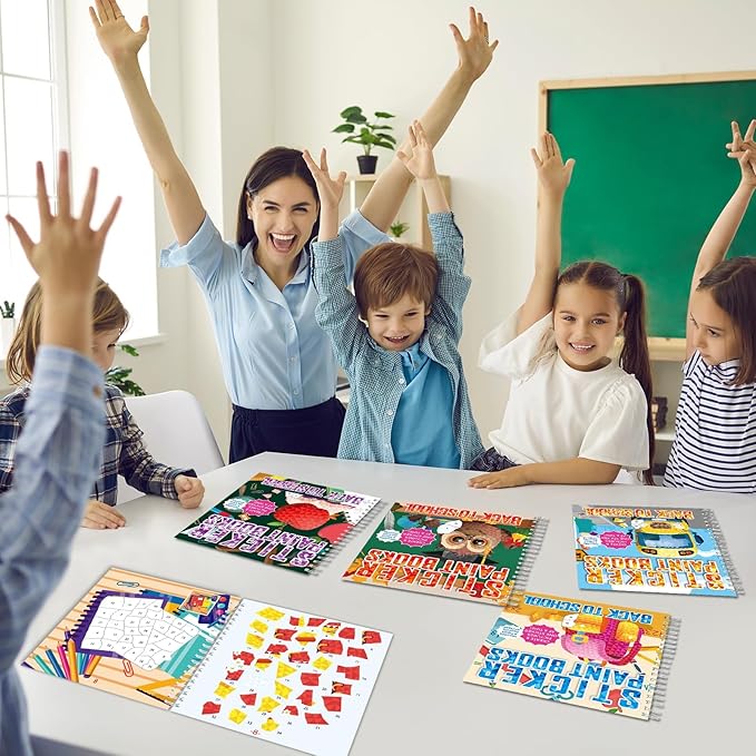 4Pcs Back to School Paint by Sticker Books Sticker by Number Books Activity Book Puzzle Book Craft Art Gift School Bus Apple Owl Alarm 32 Pictures