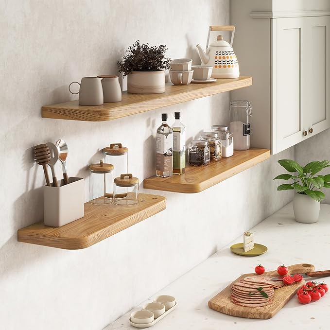 Rustic Elm Wood Floating Shelves for Wall Round Edge, 55"W x 9.2"D x 1.37"H, Set of 1 with Invisible Bracket, Wall Mounted Storage Shelves for Living Room Bedroom Kitchen Bathroom Decor, Natural