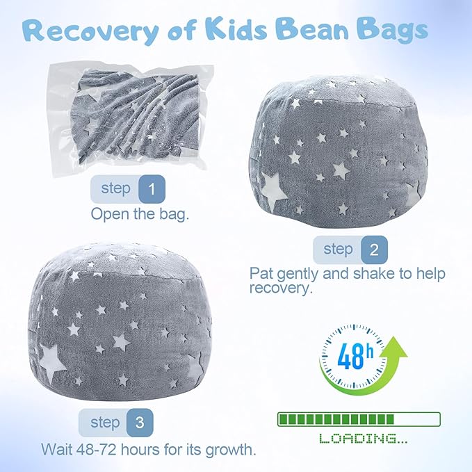 COMAX Kids Bean Bag Chair Turn into Beanbag Bed, Unicorn Toddler Bean Chair for Girl Boy Sleeping, Lazy Children Sofa Couch with Filler, Convertible Child Floor Mattress, Glowing Grey Star