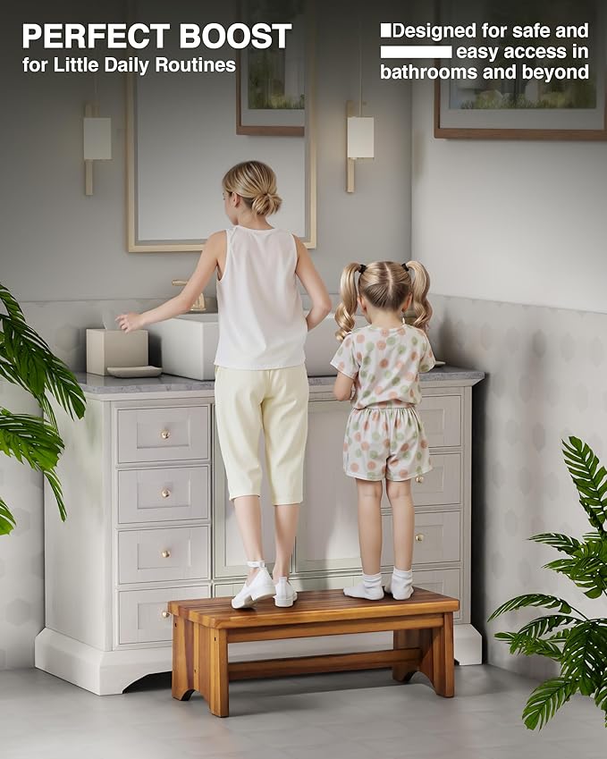 Extra Wide 26in Wooden Step Stool, Heavy Duty One Step Stool for Adults and Seniors, Holds Up to 550 lbs, Reinforced Cross Bar, Non-Skid Surface, Multipurpose Use for Kitchen, Bathroom, Bedroom