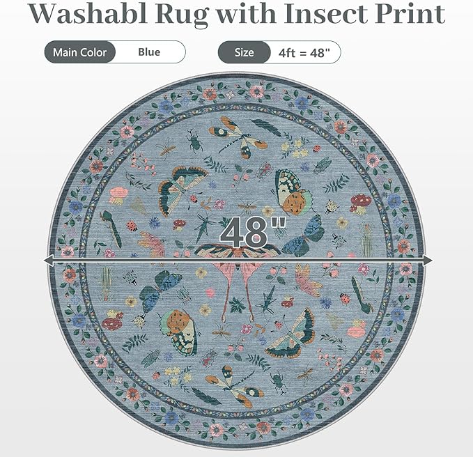 4ft Washable Round Rug - Bug Rugs for Living Room Non-Slip Low Pile Soft Ultra-Thin Machine Washable Circle Carpet for Bedroom, Entryway, Nursery, Kitchen, Home Office (4' Round Blue)