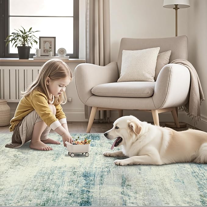 5x7 Area Rugs for Lliving Room Bedroom, Abstract Washable Rugs with Non-Slip Backing, Stain Resistant Thin Carpet for Dorm Dining Room Table Nursery Indoor Home Office-Blue/Gray