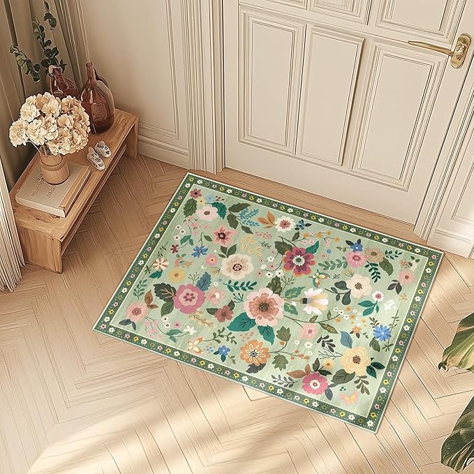 Floral 2x3 Area Rug Machine Washable Soft Print Boho Carpet Non Slip Doormat Low Pile Flower Area Rugs for Living Room Bedroom Nursery Kitchen Dining Room Indoor-Light Green