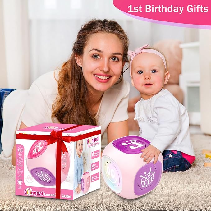 Musical Learning Toys for 1+ Year Old Girl, Bilingual Early Learning Educational Cube with Light & Sound, Baby Girl Toys 12-18 Month, Christmas Birthday Gifts for Toddler Girl 1-2 Year Old