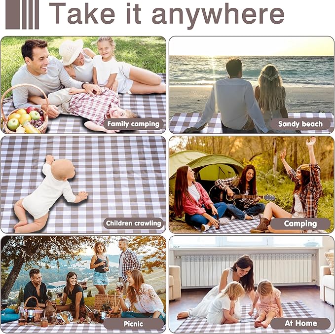 80"x60" Waterproof Sandproof Picnic Mat - Portable Foldable Outdoor Blanket for Beach, Park, Travel & Indoor Use - Lightweight Compact Design, Easy-Carry (Light Brown)