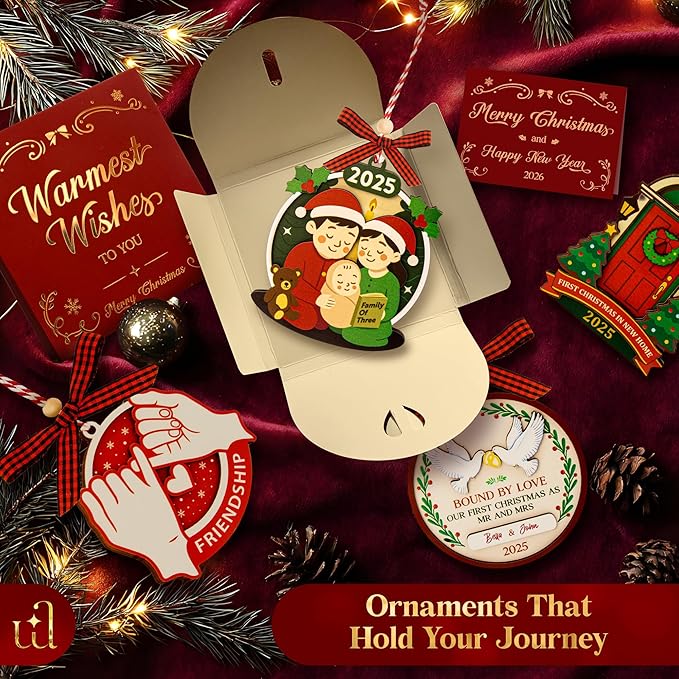 Family of 3 Christmas Ornaments 2025 - Our First Christmas As A Family of Three Ornament 2025, Unique Baby 1st Xmas Ornaments, New Parents Gifts for Mom Dad Xmas Tree Decorations