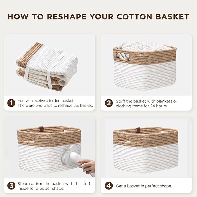 UBBCARE 4 Pack Baskets for Organizing, Woven Storage Baskets with Label for Toys and Towel, Rectangle Cotton Rope Basket with Handles, 15''L x10''W x9''H, White&Brown