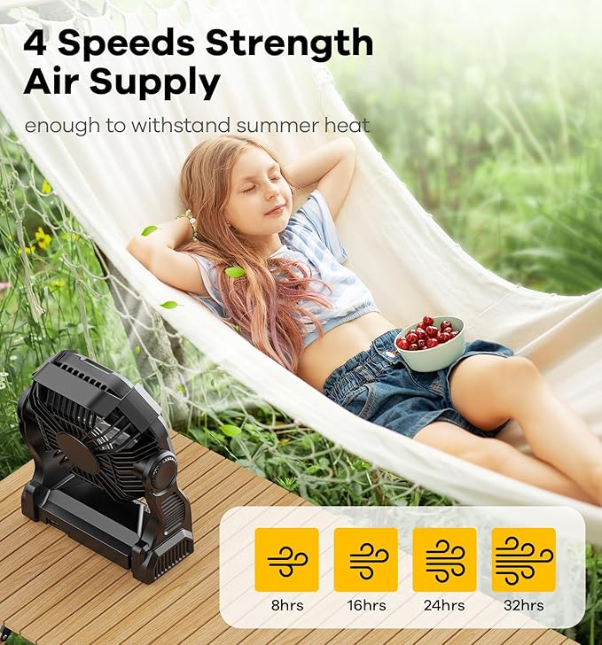 15000mAh Portable Battery Powered Camping Fan - with LED Light, Quiet Battery Operated, Camping Gear for Travel, Tent, Beach, Car or Hurricane Power Outages,Black