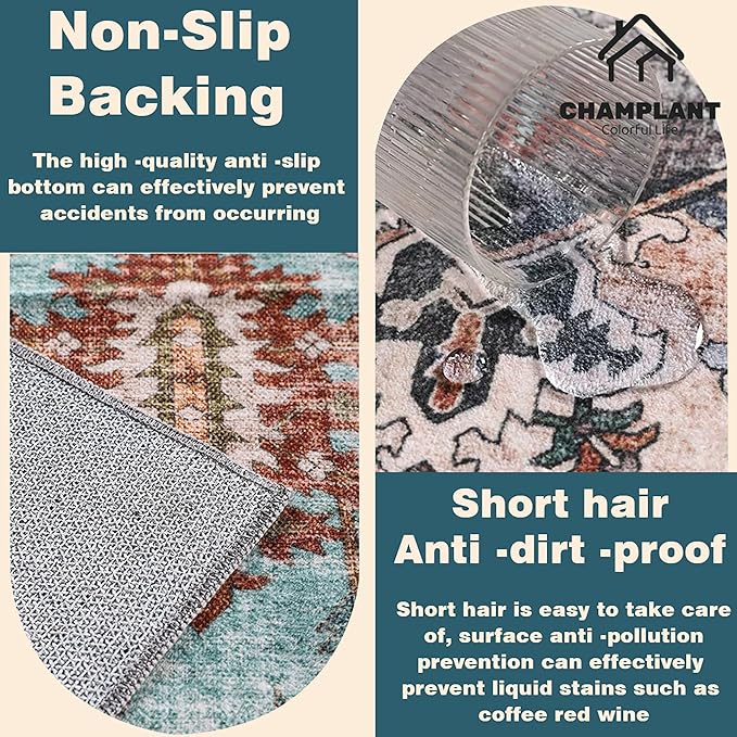 Area Rug 6'x9' Dark Blue Washable Vintage Traditional Floor Cover Thin Retro Kitchen Indoor Distressed Non Slip Carpet for Living Room Bedroom Dining Room