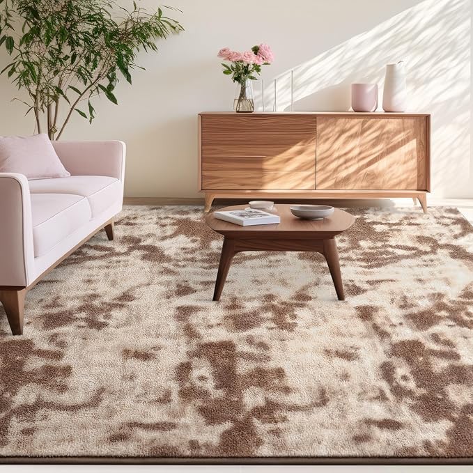 Kimicole 6x9 Washable Area Rugs for Living Room Bedroom, Large Low Pile Ulta-Thin Solid Color Rug, Non-Slip Soft Fluffy Carpet for Nursery Kids Room Dorm Room Home Decor (Brown)