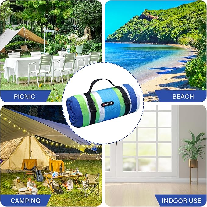 HX&OD Outdoor Picnic Blanket Extra Large, 80''*80'' Waterproof Picnic Mat with Stakes Foldable Camping Blanket Portable with Carry Strap for Beach Mat (Blue, 80''*80'')