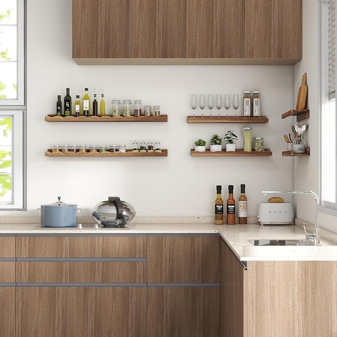 Fun Memories Picture Ledge Shelf for Wall, 36 inch Pine Wood Nursery Book Shelves Set of 2- Wall Book Shelves for Kids Room, Home Decor - Kitchen Spice-Carbonized