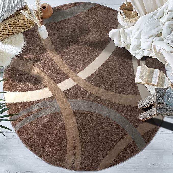 Rugshop Modern Wavy Circles Design 6' 6" (6' 6" Diameter) Brown
