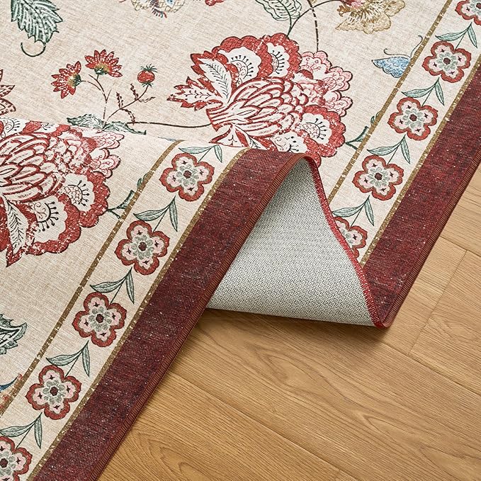 jinchan Floral Corner Rug for Living Room Washable Bedroom Rug Vintage Romance Design Non Slip Quarter Circle Lightweight Low-Pile Throw Carpet for Reading Nook Playroom,7ft Radius, Red/Beige