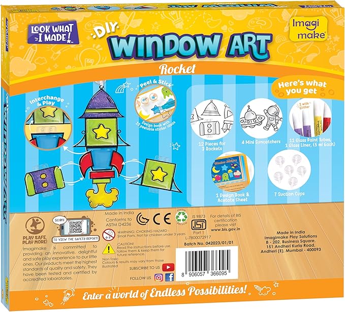 Imagimake Window Art for Kids - Rocket | Suncatcher Kits for Kids, Arts and Crafts for Ages 6-8 | Birthday Gifts for 5 6 7 8 9 10 11 12 Years Old Boys & Girls