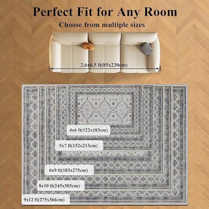 Washable Rugs 5x7 Area Rugs for Living Room, Thin carpet for Bedroom, Soft Faux Wool Retro Dining Room Rug,Non Slip&Non-Shedding Resistant Low Pile Vintage Print Rug for Home Office (White Cream/Gray)