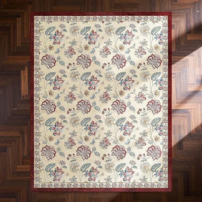 jinchan 8x10 Floral Rug for Living Room Washable Bedroom Rug Vintage Romance Design Non Slip Thin Indoor Floor Cover Large Low-Profile Throw Carpet for Dining Room Office, Red/Beige