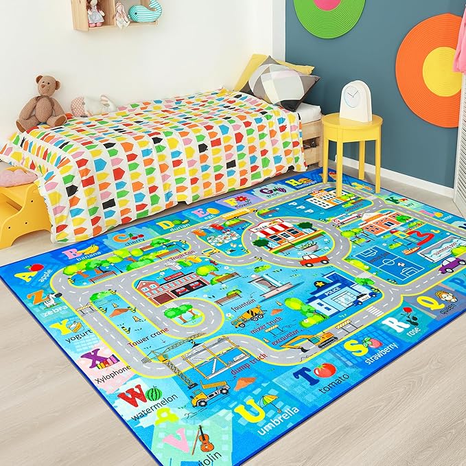 Chicrug 6x9 Car Road Area Rug for Kids Playroom Bedroom, Non Slip Low Pile Washable ABC Alphabet Carpet for Classroom, City Track Play Mat for Toddler Children Nursery Baby Room Decor, Blue