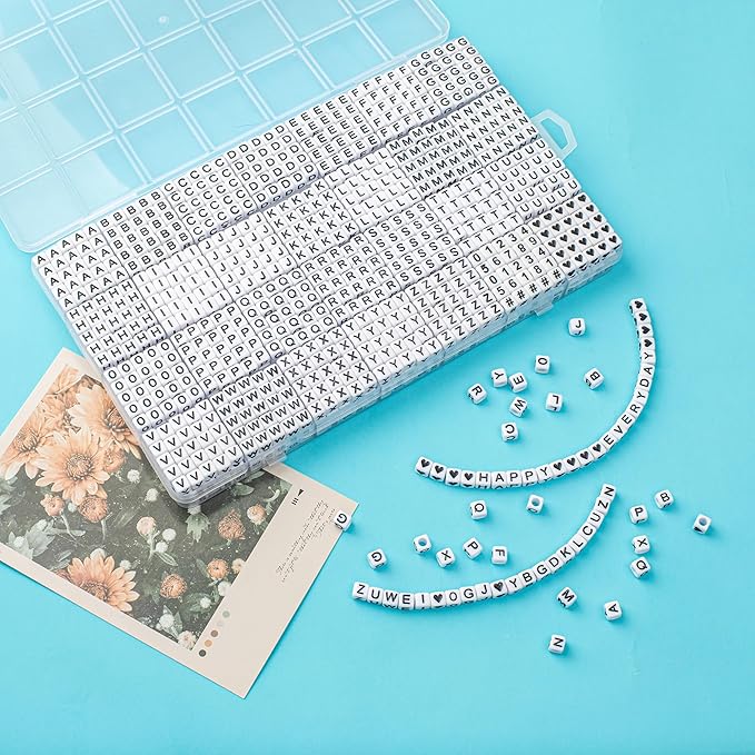 1400pcs Letter Beads, 6x6 mm Acrylic Alphabet Beads, Beads for Jewelry and Bracelet Making, in 28 Grid Box (White and Black)