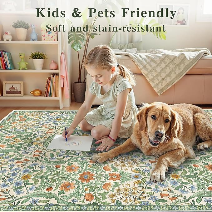 5×7 Grass Green Washable Floral Area Rug,Vintage Boho Soft Low-Pile Living Room Rugs, Stain Resistant Botanical Non-Slip Carpet for Bedroom,Dining Room, Kids Nursery,Home Decor