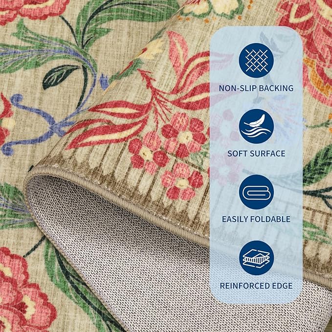 GarveeHome Floral Botanical Washable 8x10 Area Rug for Living Room Soft Camel Taupe Brown Vintage Boho Cottage Large Rugs Low Pile Carpet for Bedroom Dining Nursery Rug