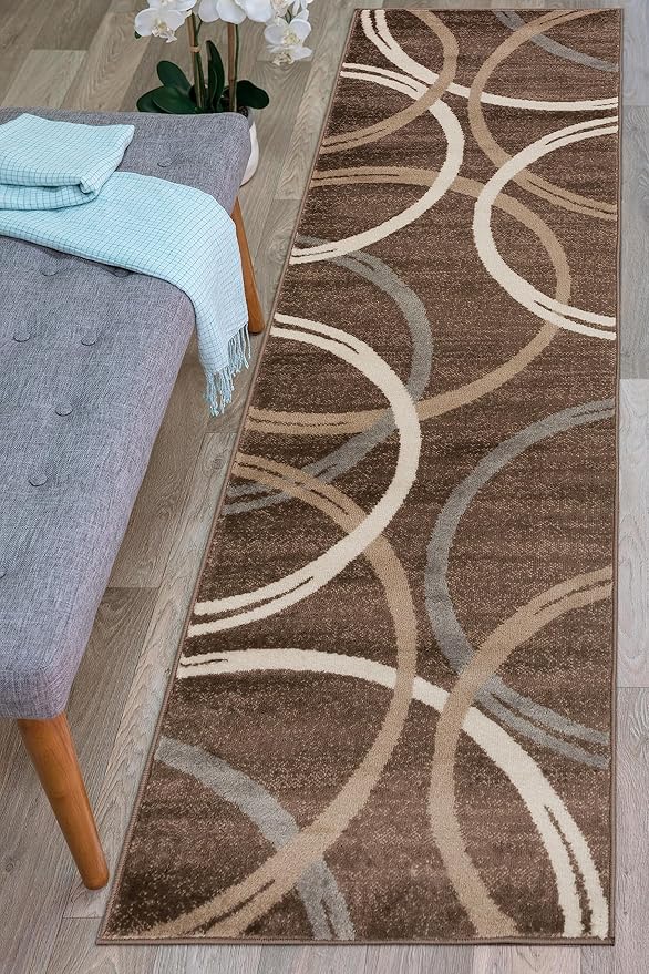 Rugshop Modern Wavy Circles Design Runner Rug 2' x 10' Brown