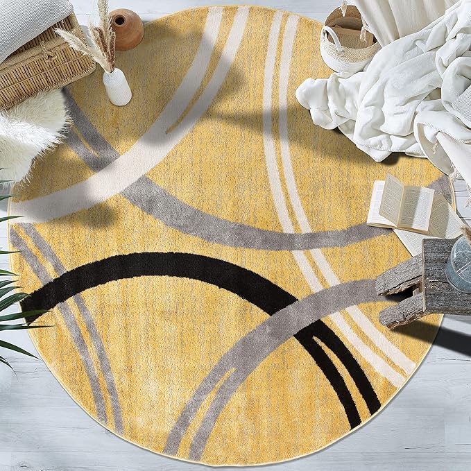 Rugshop Modern Wavy Circles Design Round Rug 6' 6" (6' 6" Diameter) Yellow