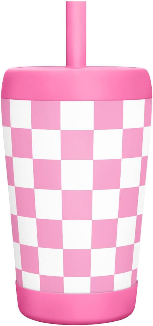 Kid Insulated Stainless Steel Tumbler with Silicone Straw, 12oz Sippy Cup for Kids (Pink Checkerboard)