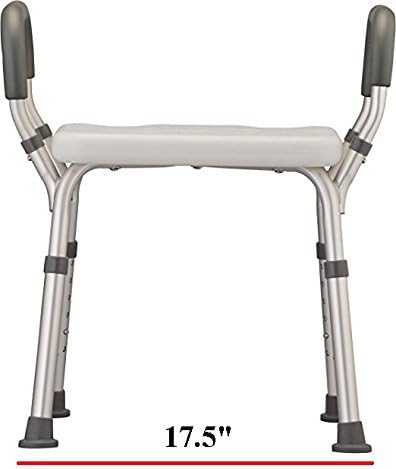 HEALTHLINE Adjustable Shower Bench with Arms – Lightweight Bath Seat with Padded Handles, Height 15"–20", White Plastic Seat with Drainage Holes, for Balance Assistance in Shower/Tub, 300 lb Capacity