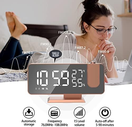 Projection Digital Alarm Clock for Bedrooms, Alarm Clock Radio on Ceiling, USB Charger Port, Temperature & Humidity Display, 7.3” Large Mirror LED Display,12/24H,Snooze,Dual Loud Clock- 4 Dimmer