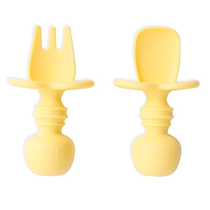 Bumkins Baby Utensils Set, Chewtensils Silicone Spoons for Dipping, Self-Feeding, Baby Led Weaning, Trainer Learning, First Stage Eating, Soft Practice Fork and Spoon, Babies 6 Months, Pineapple