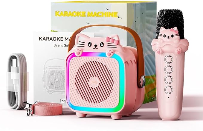 Karaoke Machine with 2 Wireless Microphones for Kids Adults,Portable Bluetooth Speaker Girls Toddlers Toy Gift for Aged 3-12 Year Birthday Parties Christmas Party - Pink